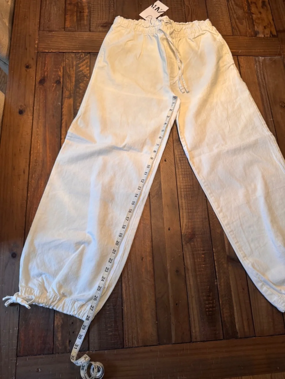 Zara White Relaxed Linen Blend Pant. Tie-Hem Cuffs. Size Small